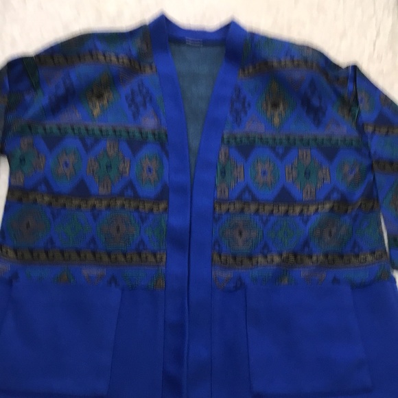 Graff Californiawear Vintage Open Front Cardigan Geometric Royal Blue/Gold/Green - Picture 13 of 15